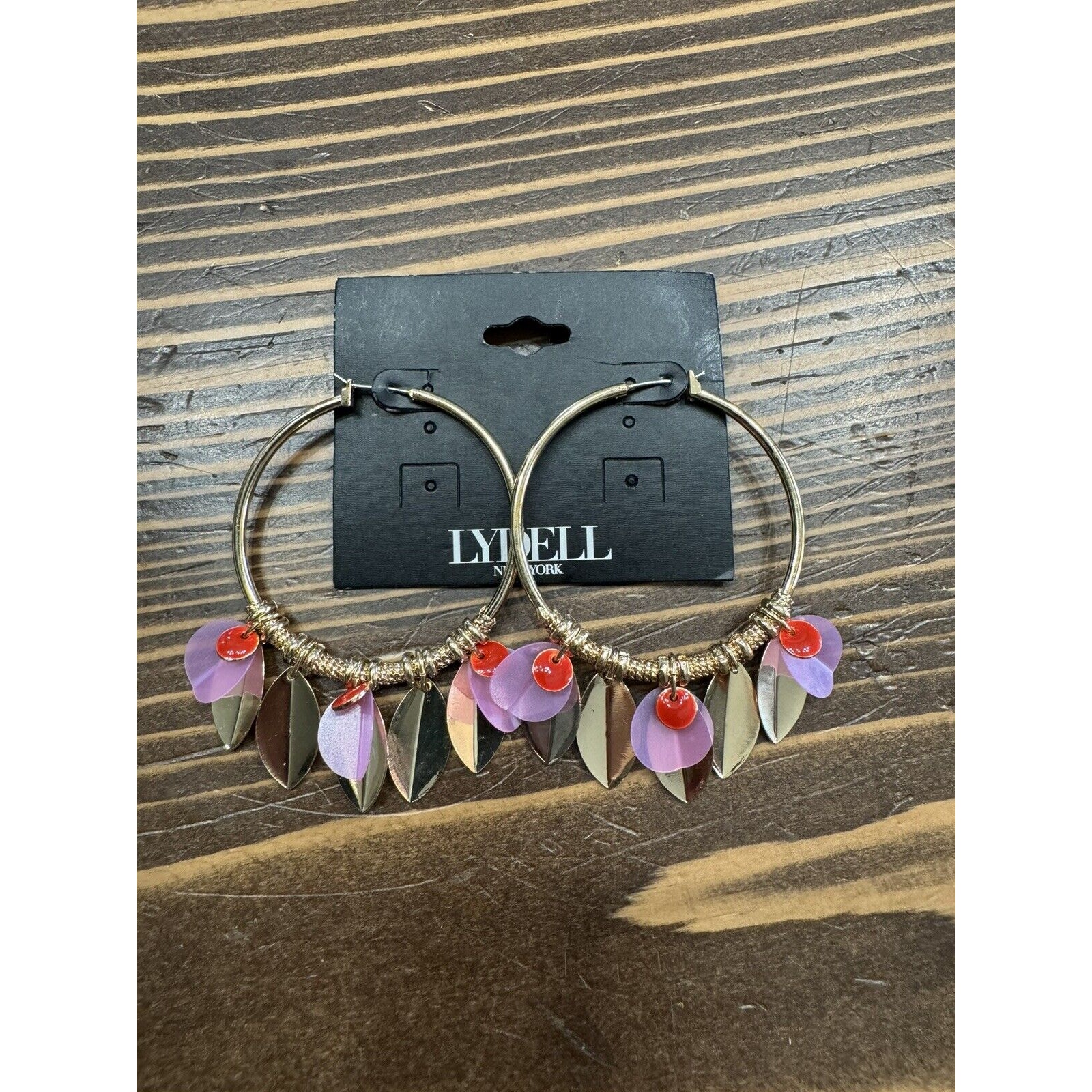 Lydell New York Hoop Earrings W Pink Gold FeatherLeaf Charms Nwt 8$